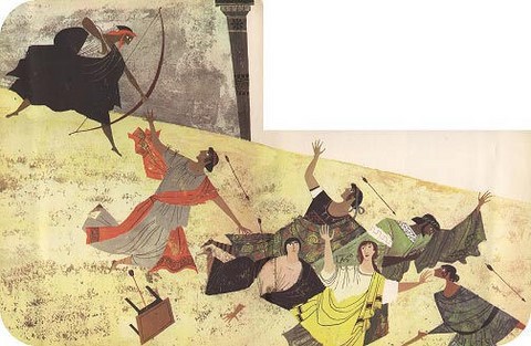 Provensen illustration of Odyssey - Odysseus killing the suitors